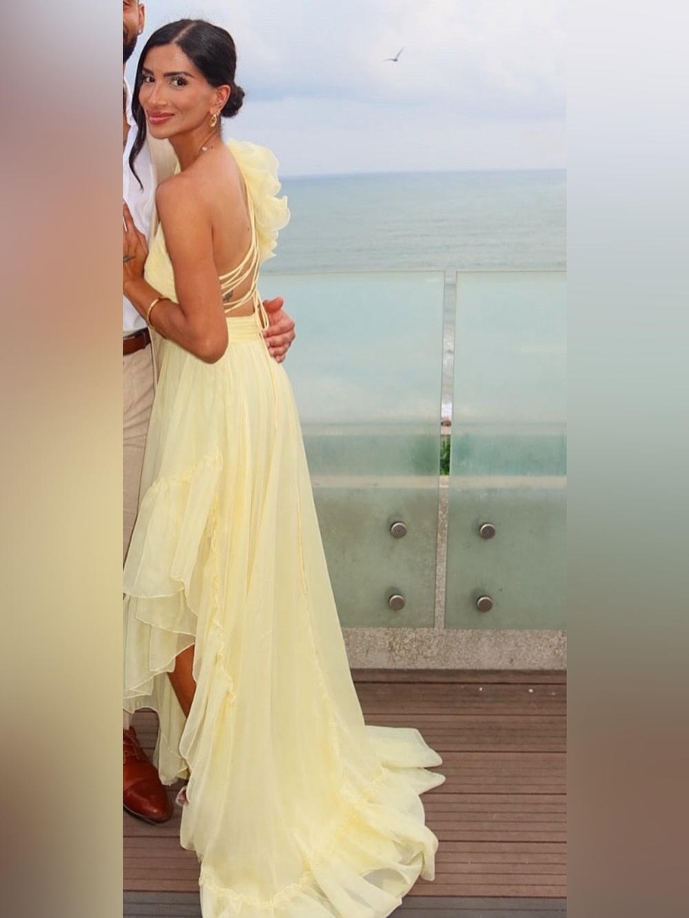 Mac Duggal Pale Yellow One-Shoulder Ruffled Chiffon Gown
